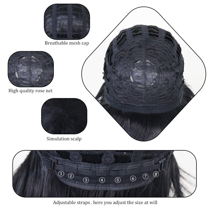 Anogol Hair Cap+32Inch/80cm Black Wig Long Straight Wig Cosplay Wig Synthetic Wig Long Black Wig with Bangs Peluca Negra Cosplay Wig for Halloween Wig With Bangs Anime Wig for Women Costume Party - Image 4